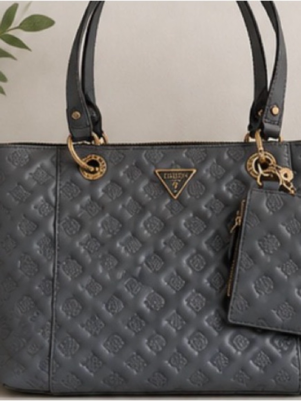 GUESS Embossed Logo Quilted Tote Bag Gray Blue Gold Hardware Shoulder Bag - Picture 2 of 4